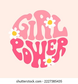 Girl power groovy lettering in circle shape. Retro 70s feminist slogan for t-shirts, posters or cards. - Shutterstock ID 2227385435