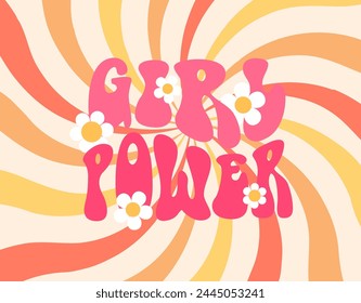 Poster de citas de Girl Power. La tipografía de Vector en estilo hippie presenta una fuente burbujeante de color rosa adornada con flores de margarita con rayas curvadas psicodélicas. Frase feminista de espíritu libre al estilo de los años 60