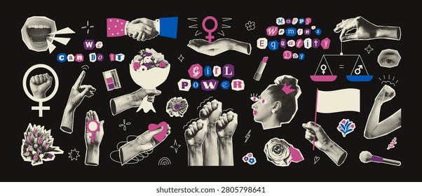 Girl Power halftone elements set. Collage Women's Equality Day graphics zine style. Trendy collection of paper magazine cut out hand woman sign of Venus. Mixed media feminism, gender rights concept