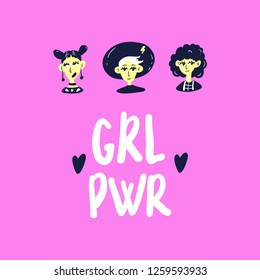 Girl power. Hand drawing illustration. Cartoon girls with lettering for poster or postcards.