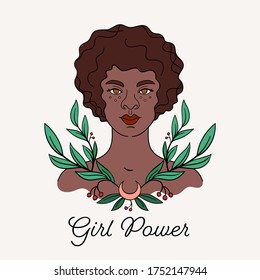 Girl power. Hand drawn illustration. Curly african-american girl with afro hair surrounded by plants. Banner, cover, print about feminism. Feminist greeting card. Poster for International Women's Day