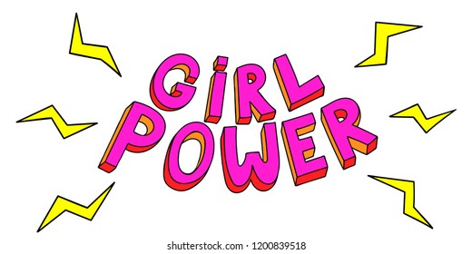 Girl power hand drawn lettering phrase with lightning, inspirational quote, graphic illustration in doodle style. Great typography for poster, card, t shirts. Woman motivational slogan.