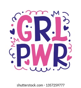 Girl power hand drawn lettering vector design, isolated on white. Feminism slogan. Woman motivational words inscription for t-shirt, poster, phone case, banner, sticker, postcard and wall art. 