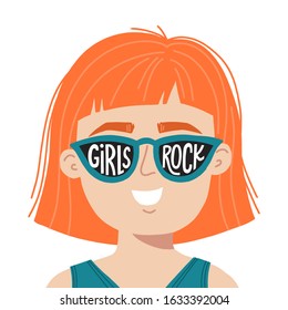 Girl power hand drawn vector illustration. Woman in sunglasses with inspirational slogan girls rule. Feminist concept for t shirt, poster, print.