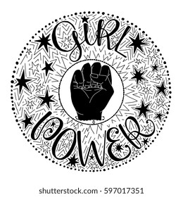 Girl Power hand drawn vector illustration in circle - concept for feminism and woman rights. Unique lettering design for poster, t-shirt, label, badge, emblem. 