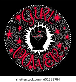 Girl Power hand drawn vector illustration in circle - concept for feminism and woman rights. Unique lettering design for poster, t-shirt, label, badge, emblem. 