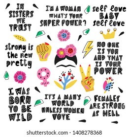 Girl power hand lettering collection. Vector illustration. Feminist symbols and lettering quotes in trendy flat and hand-drawn style. Isolated on white. For clothes, t-shirt, card, banner and mug