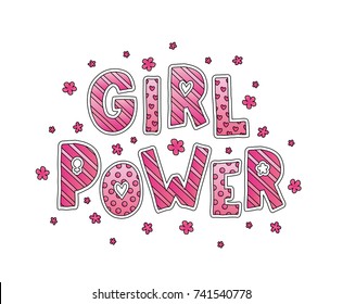 Girl Power. Hand Lettering with flowers. Pink colors. Cute sweet design for print woman shirt, card, sticker, banner, poster. Feminism slogan. Vector illustration on white background