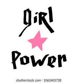 Girl power hand lettering with pink star. Vector illustration on white background.