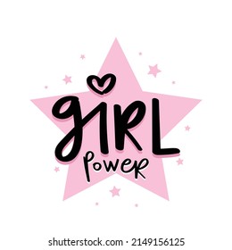 Girl power hand lettering slogan text. Pink stars cartoon drawing. Vector illustration design for kids fashion graphics and t shirt prints.