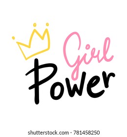 Girl Power Hand Lettering Vector Pink and Black With a Yellow Crown on White Background