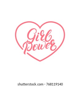 Girl Power hand written lettering quote on heart. Feminist phrase. Isolated on background. Vector illustration.