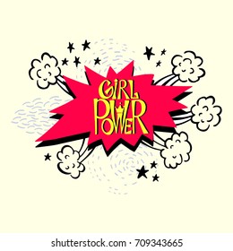 Girl power handdrawn lettering in retro pop art style. Yellow words on pink background.