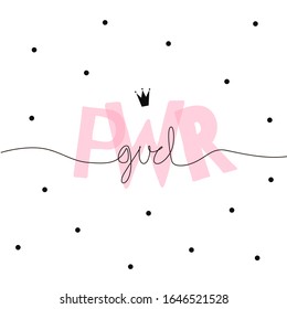 Girl Power handwritten inscription on polka dots background. Pink transparent overlapped letters. One line calligraphic girlish quote. Vector illustration. Girl-like princess design for card, print