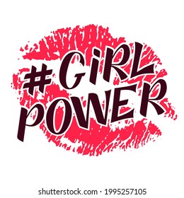 Girl power handwritten inscription on background with lipstick kiss. GRL PWR hand lettering. Feminist slogan. Empowering phrase, saying. Modern illustration for t-shirt, sweatshirt, or other apparel.