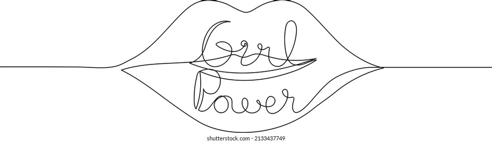 Girl Power - Handwritten Inscription With Woman Lips. Continuous One Line Drawing. Minimal Art.