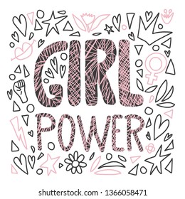 Girl power handwritten lettering with design elements in doodle style. Quote with decoration. Vector conceptual illustration. 