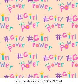 Girl power hashtags seamless vector pattern. Feminist symbol word.