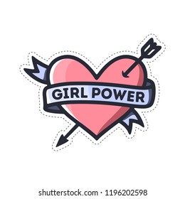 Girl power heart feminism quote. Woman motivational slogan. Feminist saying sticker. Vector vintage illustration.