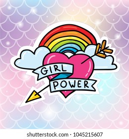 Girl Power Heart With Lgbt Rainbow Sticker Badge Pin Vector Illustration On Gradient Soft Fish Scale Background. Card Or Poster Design Concept