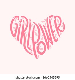 Girl Power heart shaped typography. Woman motivational slogan. Feminist saying. Hand drawn lettering for t-shirt design, prints, posters. Vector vintage illustration.