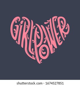 Girl Power heart shaped typography. Woman motivational slogan. Feminist saying. Hand drawn lettering for t-shirt design, prints, posters. Vector vintage illustration.