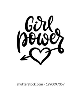 Girl Power heart typography. Woman motivational slogan. Feminist saying. Hand drawn lettering for t-shirt design, prints, posters. Vector vintage illustration.