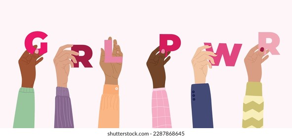 Girl power horizontal poster. Female hands hold world grl pwr. Woman empowerment, girl power, fight for gender equality, feminism and sisterhood concept. Hand drawn vector illustration.