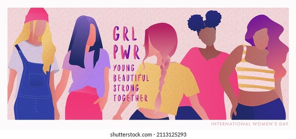 Girl power illustration with young women friends hugging together. Multi ethnic girl characters in modern abstract style. International Women's day web banner or greeting card, cover, poster