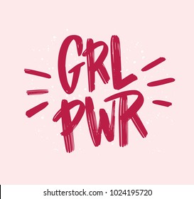 Girl power inscription handwritten with bright pink vivid font. GRL PWR hand lettering. Feminist slogan, phrase or quote. Modern vector illustration for t-shirt, sweatshirt or other apparel print.