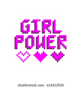 Girl power. The inscription with hearts in the eight bit style on a white background.  Vector Image. It can be used for website design, article, phone case, poster, t-shirt,  etc.