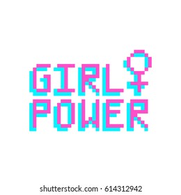 Girl power. The inscription with venus sign in the eight bit style on a white background. Vector Image. It can be used for website design, article, phone case, poster, t-shirt,etc.