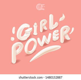 Girl power. Isometric creamy words with sweet letters on a pink background. 
Invitation card for event and party