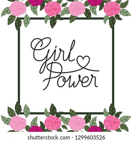 girl power label with flowers frame icons