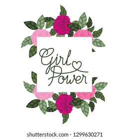 girl power label with roses frame icons