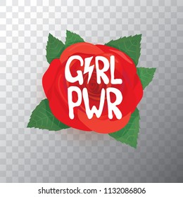 Girl Power label. Vector illustration with feminist slogan and red rose isolated on transparent background. fashion label or patch
