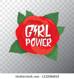 Girl Power label. Vector illustration with feminist slogan and red rose isolated on transparent background. fashion label or patch