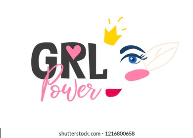 Girl Power lettering with adstract woman face vector illustration. Feminism concept.