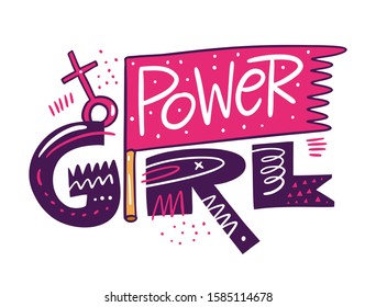 Girl Power lettering in cartoon style. Feminism concept art. Vector illustration. Scandinavian typography. Isolated on white background.