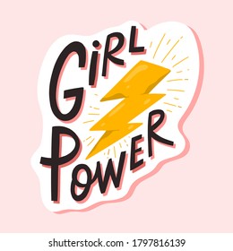 Girl Power Lettering Composition Vector Flat Illustration. Hand Drawn Feminism Motivational Slogan With Lightning And Design Elements Isolated. Handwritten Feminist Quote, Phrase Or Apparel Print