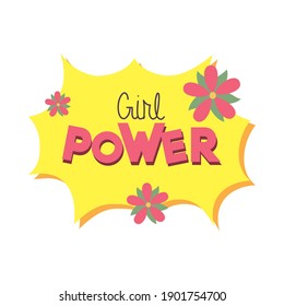 girl power lettering design with pink flowers over white background, flat style, vector illustration