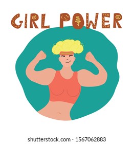 Girl power lettering.  Female doing flexing gesture with hands for girl power, strength or health and fitness concept. Strong woman isolated illustration.