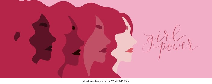 Girl Power Lettering. Group Of Women Of Diverse Skin Color Illustration Vector