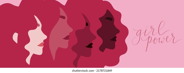 Girl Power Lettering. Group Of Women Of Diverse Skin Color Illustration Vector