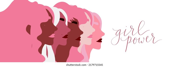 Girl Power Lettering. Group Of Women Of Diverse Skin Color Illustration Vector