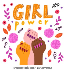 Girl power lettering and illustration of women hands. Symbol of women's protest of different nations. Floral background with pink roses.