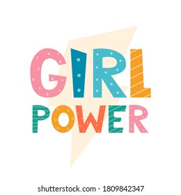 Girl power, lettering with lightning symbol. Logo, icon, label for your design. Woman motivational slogan. Hand drawn vector lettering for bag, sticker, t-shirt, poster, card, banner