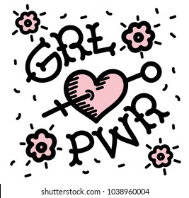 Girl Power lettering logo. Hand drawn calligraphy with illustration. Inspiration power quote. On white background. Motivation phrase for postcard, sticker, stamp. International women's day 8 march.