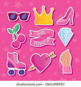 girl power lettering in ribbon frame and icons vector illustration design