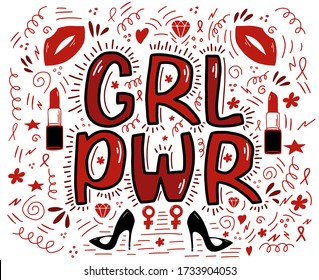 Girl power lettering with ribbons, lips, lipstick, stilettos, flowers, hearts, wavy lines. Symbolic poster. Isolated on white background. Vector stock illustration.